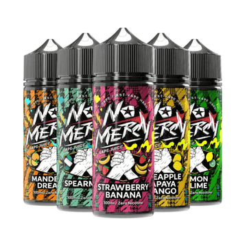 Five No Mercy vape juice bottles: Mandarin Dream, Spearmint, Strawberry Banana, Pineapple Papaya Mango, Lemon Lime.