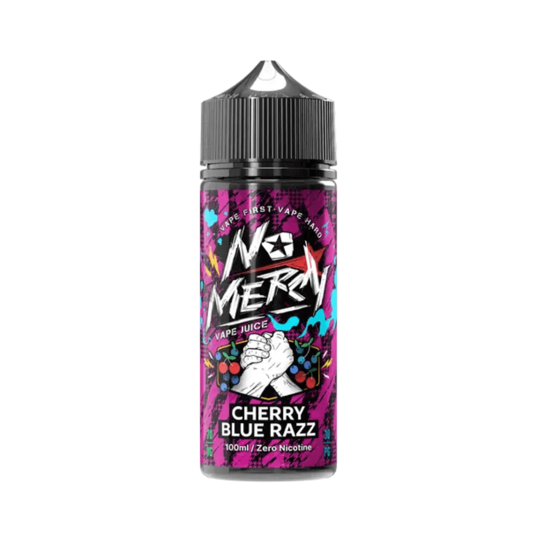 No Mercy Cherry Blue Razz vape juice bottle, 100ml shortfill by Fantasi, vibrant design.