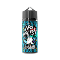 No Mercy Blue Razz Explosion vape juice bottle, 100ml shortfill, vibrant label design.