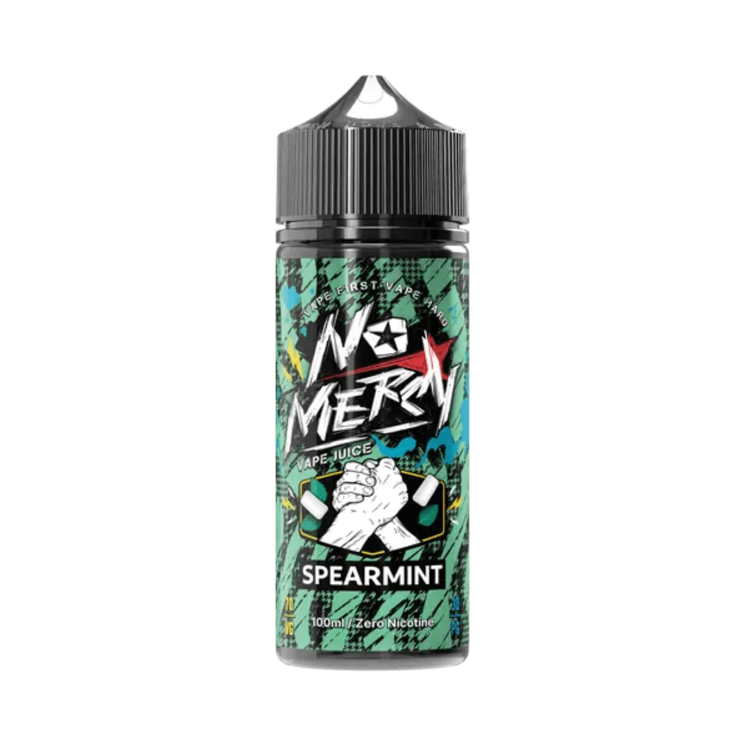 No Mercy Spearmint vape juice bottle, 100ml shortfill by Fantasi, with bold graphics.