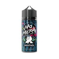 No Mercy Menthol 100ml shortfill vape juice bottle with bold, graphic design and mint leaves.