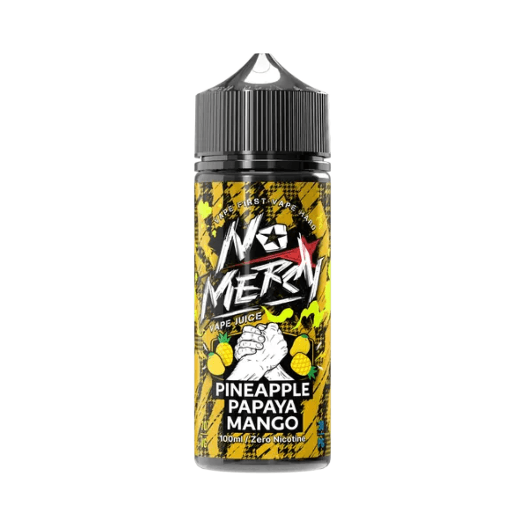 No Mercy Pineapple Papaya Mango 100ml shortfill vape juice bottle with a bold, colourful design.