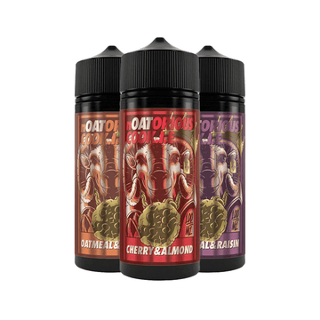 Three bottles of Noatorious Cookie e-liquid: Oatmeal, Cherry & Almond, and Raisin flavours.