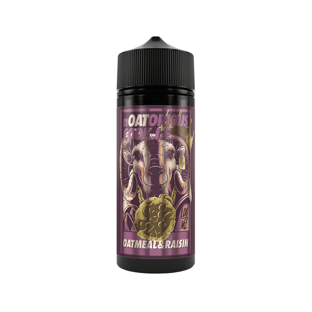 E-liquid bottle of Noatorious Cookie Oatmeal & Raisin, 100ml shortfill, with a purple label.