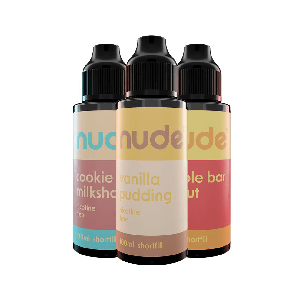 Three bottles of Nude vape juice: cookie milkshake, vanilla pudding, maple bar donut.