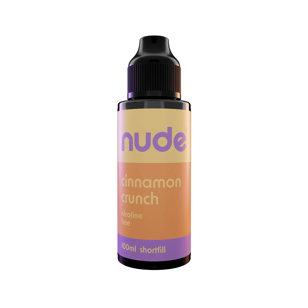 Nude Cinnamon Crunch 100ml shortfill vape bottle with a purple and orange label.