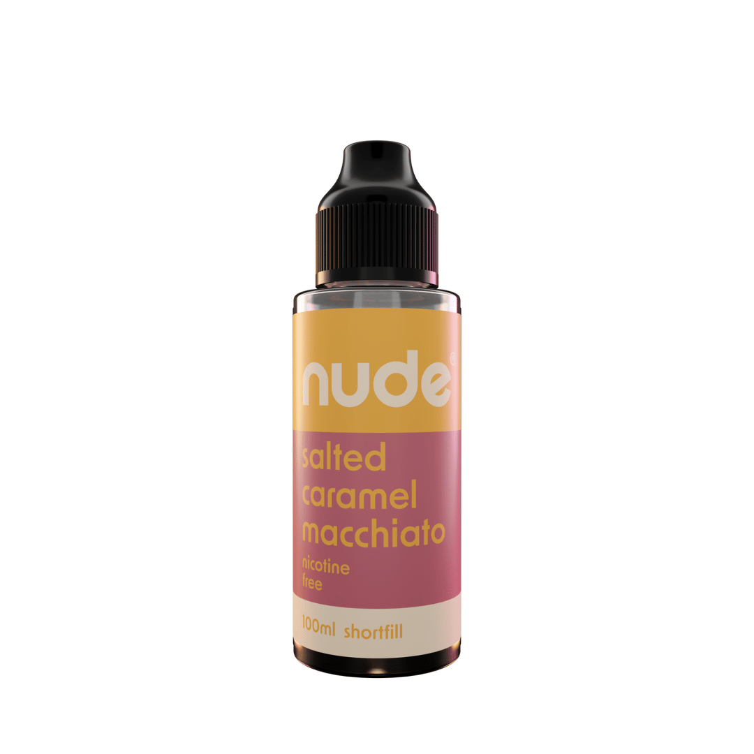 Nude Salted Caramel Macchiato e-liquid bottle, 100ml shortfill, nicotine-free.