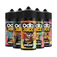 Five ODB Juice 100ml bottles with colourful labels, featuring various fruit flavours.