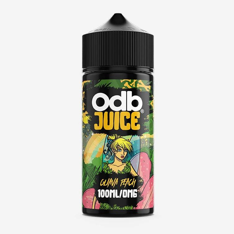 ODB Juice bottle with a colourful label featuring "Guava Peach" flavour, 100ml size.