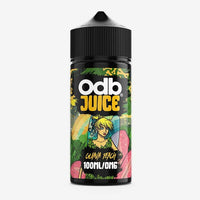 ODB Juice bottle with a colourful label featuring "Guava Peach" flavour, 100ml size.