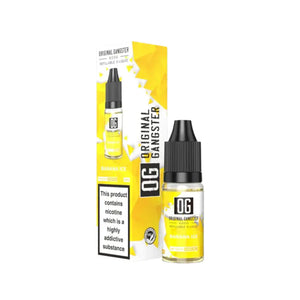A bottle of "OG Original Gangster" 10ml Nic Salt in the flavour Banana Ice. This e-liquid is designed for refillable vape devices 