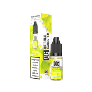 A bottle of "OG Original Gangster" 10ml Nic Salt in the flavour Jelly Bear. This e-liquid is designed for refillable vape devices 