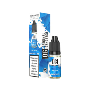 A bottle of "OG Original Gangster" 10ml Nic Salt in the flavour Mr Blue. This e-liquid is designed for refillable vape devices 