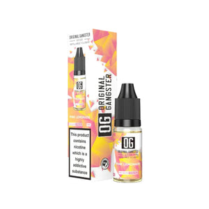 A bottle of "OG Original Gangster" 10ml Nic Salt in the flavour Pink Lemonade. This e-liquid is designed for refillable vape devices 