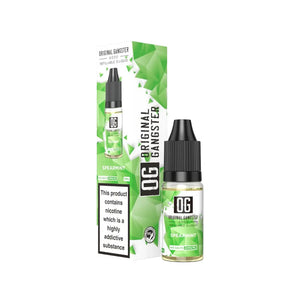 A bottle of "OG Original Gangster" 10ml Nic Salt in the flavour Spearmint. This e-liquid is designed for refillable vape devices 