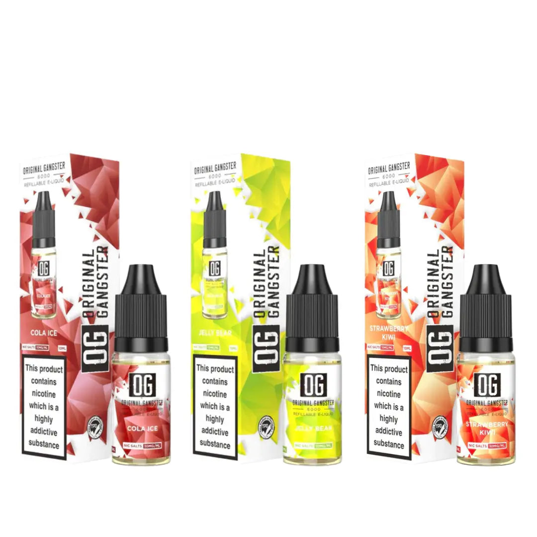 "OG Original Gangster" 10ml nic salts in distinct flavours: Cola Ice, Jelly Bear, and Strawberry Kiwi. Each bottle offers a vibrant visual presentation of its unique flavour profile and contains high-quality nicotine salts suitable for refillable vape devices.