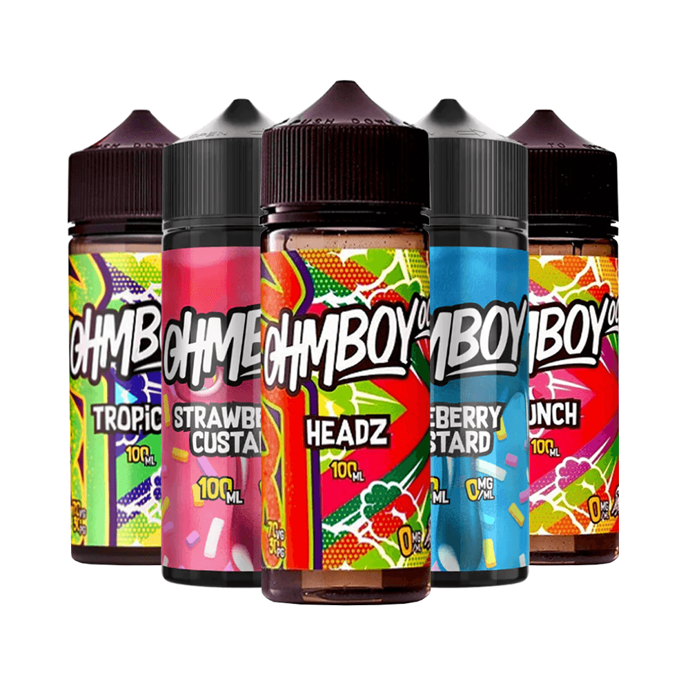 Five Ohm Boy e-liquid bottles in vibrant, colourful packaging.