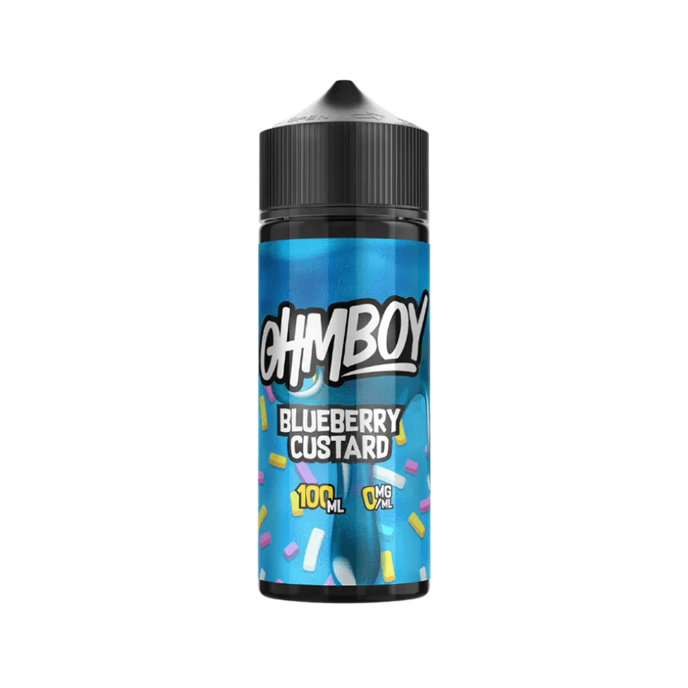 Ohm Boy Blueberry Custard vape juice bottle, 100ml shortfill, colourful design.