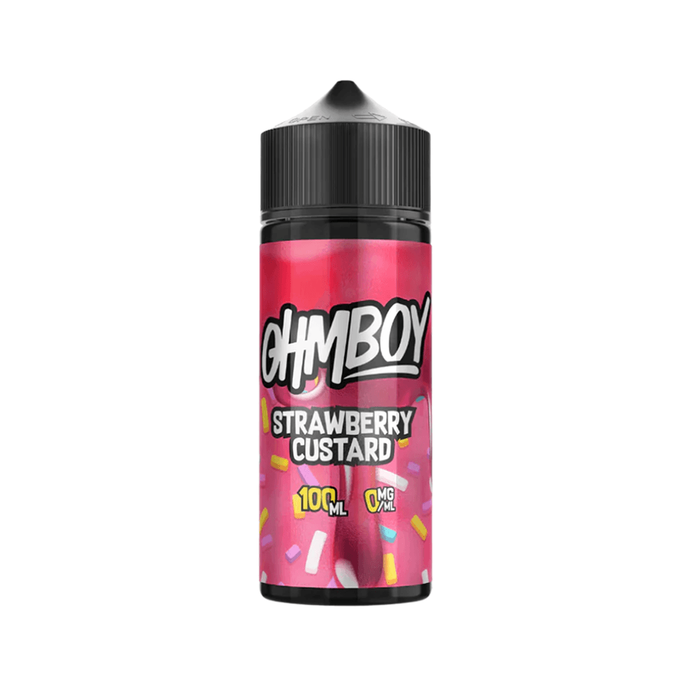 Ohm Boy Strawberry Custard 100ml shortfill vape juice bottle with colourful sprinkles design.