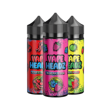 Three Vape Headz e-liquid bottles: Sour Strawbz, Blue Razz Pom, Sour Apple, in vibrant packaging.