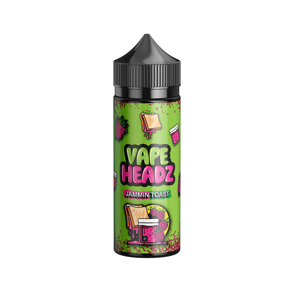 Vape Headz Jammin Toast 100ml shortfill bottle with vibrant green and berry-themed design.