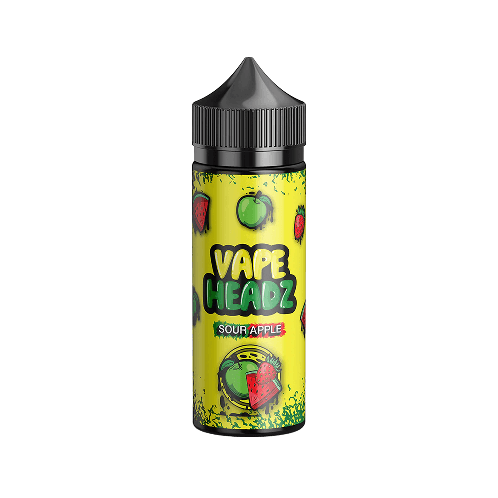 Ohm Boy Vape Headz Sour Apple 100ml shortfill bottle with a vibrant yellow label.