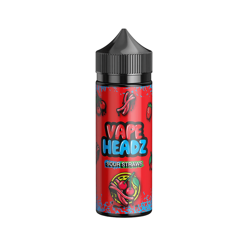 Vape Headz Sour Straws 100ml shortfill bottle with a vibrant red label and fruit graphics.