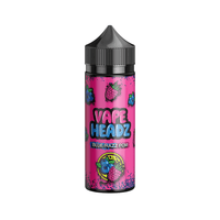 Vape Headz Blue Razz Pom 100ml shortfill bottle with vibrant pink and blue fruit graphics.