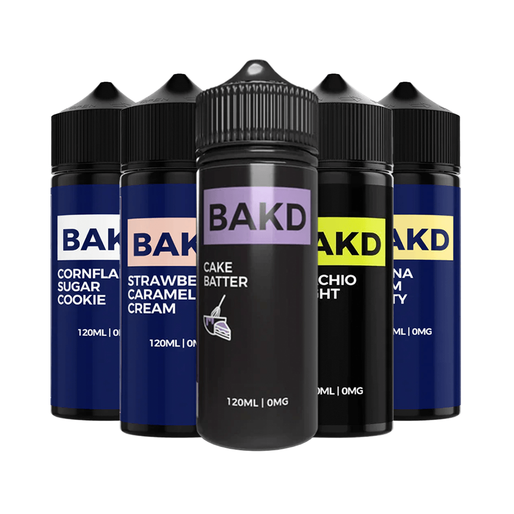 Five BAKD vape juice bottles: Cornflake, Strawberry, Cake Batter, Pistachio, Banana.