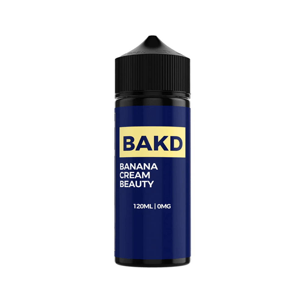 BAKD Banana Cream Beauty 120ml e-liquid bottle with a black cap and blue label.