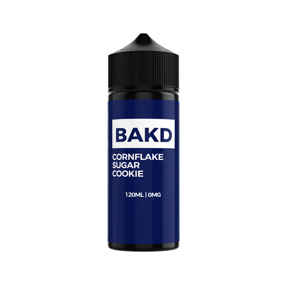 BAKD Cornflake Sugar Cookie e-liquid bottle, 120ml, black cap, blue label.