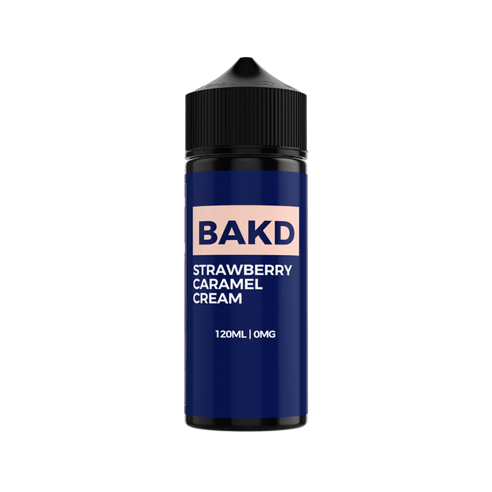 BAKD Strawberry Caramel Cream 120ml e-liquid bottle with black cap.