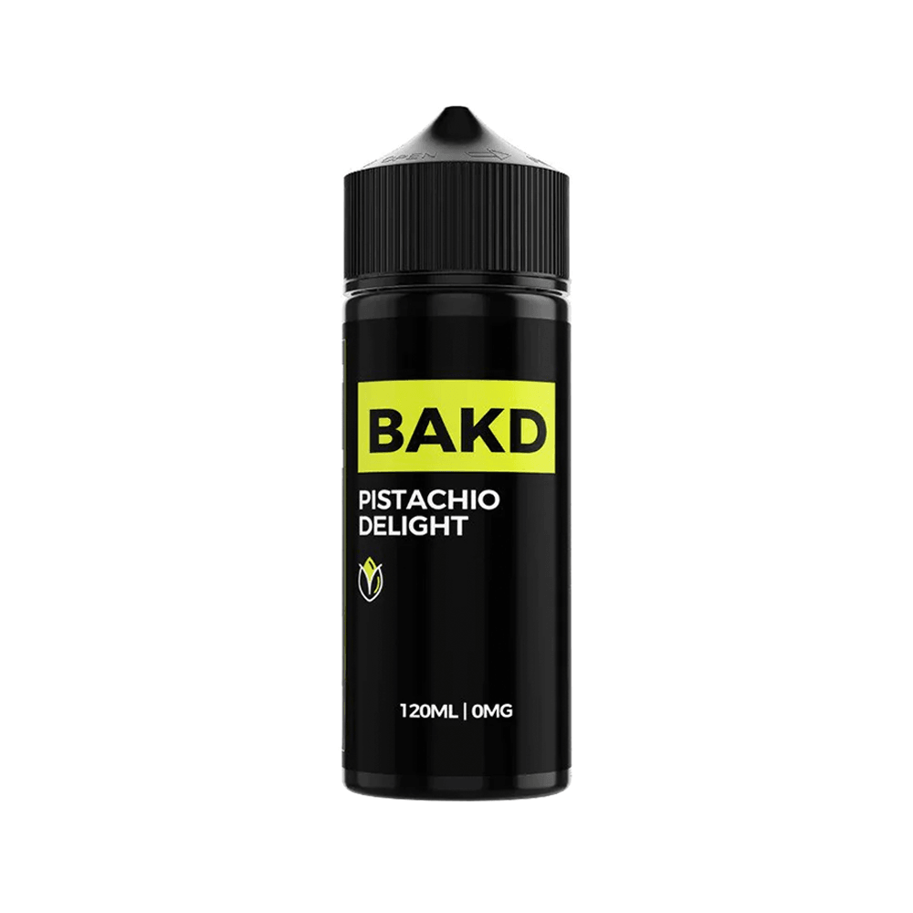 BAKD Pistachio Delight 120ml vape juice bottle with black label and green text.