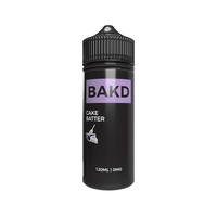 BAKD Cake Batter vape juice bottle, 120ml, black label, Ohm Boy OC x Grimm Green branding.