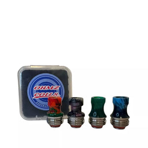 Four vape drip tips with a clear case labelled 'OHMZ Coils' on a white background.