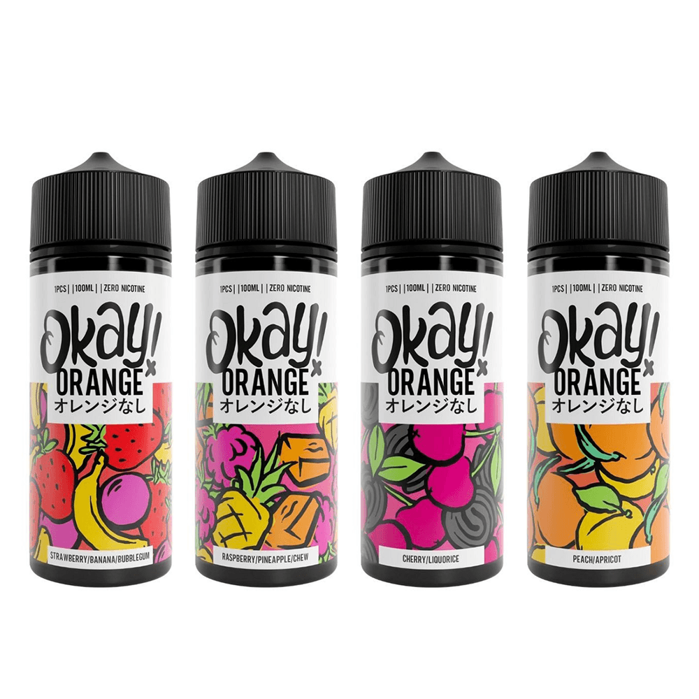 Four Okay! Orange vape juice bottles with vibrant fruit-themed labels.