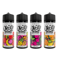 Four Okay! Orange vape juice bottles with vibrant fruit-themed labels.