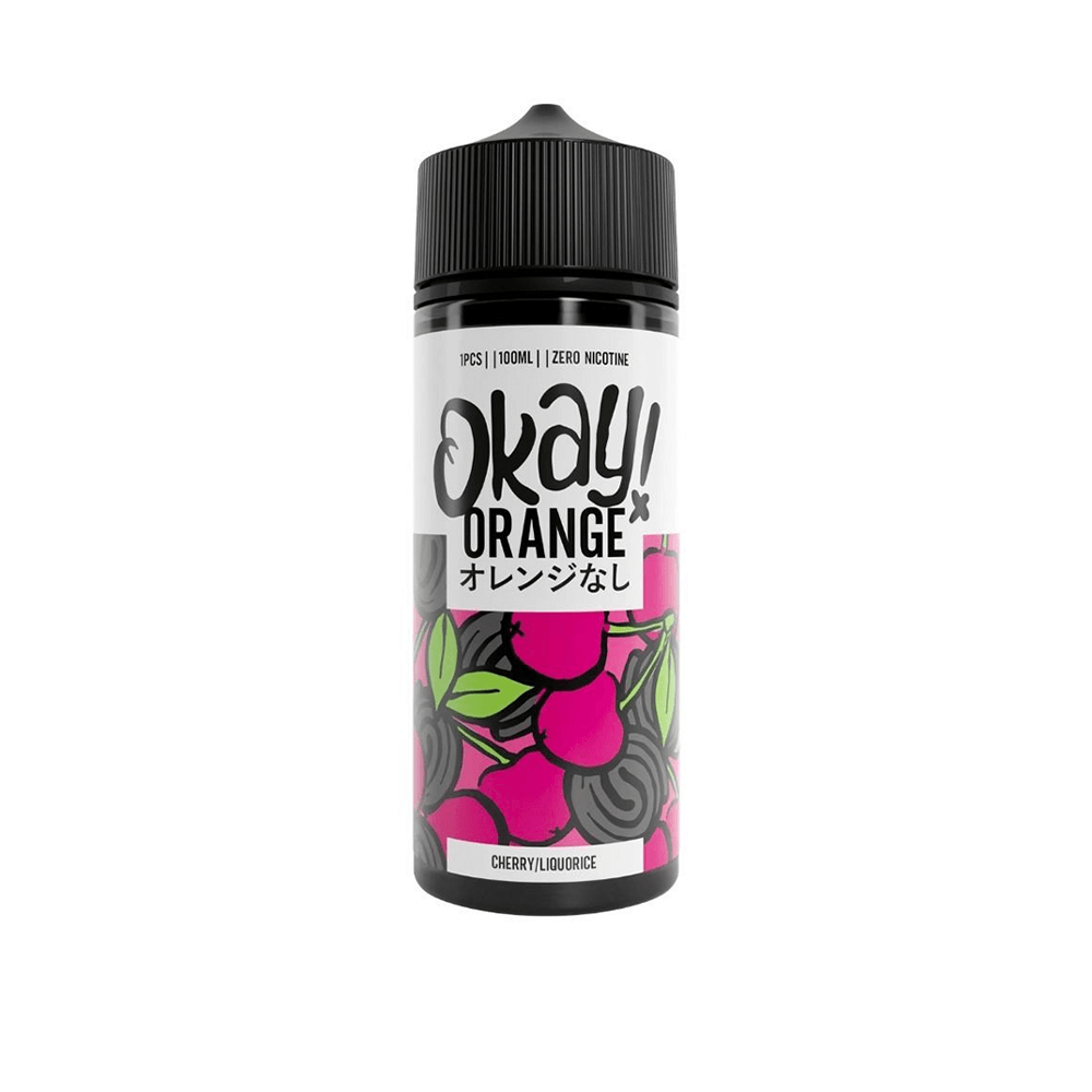 Okay Orange vape juice bottle with cherry and liquorice design.