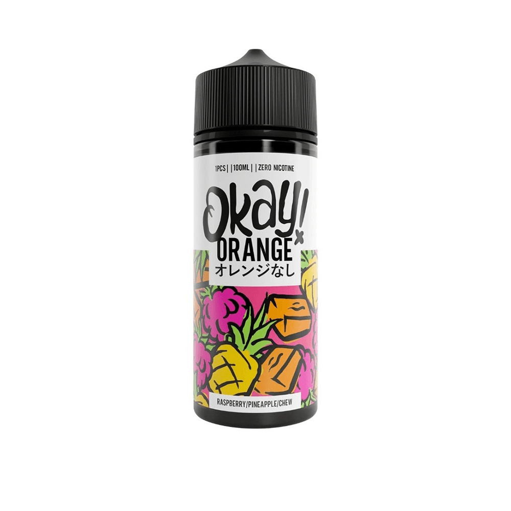 Okay Orange vape juice bottle with colourful fruit illustrations on the label.