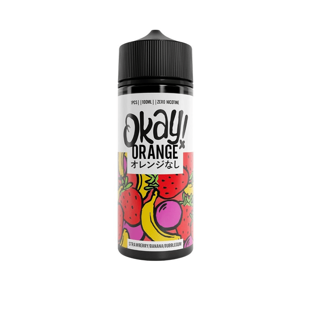 Okay Orange vape juice bottle with strawberry, banana, and bubblegum design.