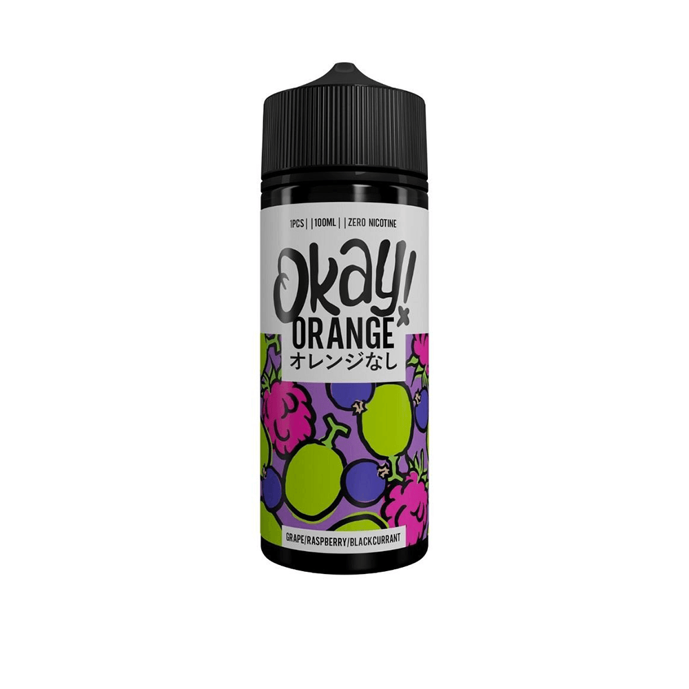 Okay Orange 100ml vape juice bottle with grape and blackcurrant design.