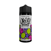 Okay Orange 100ml vape juice bottle with grape and blackcurrant design.