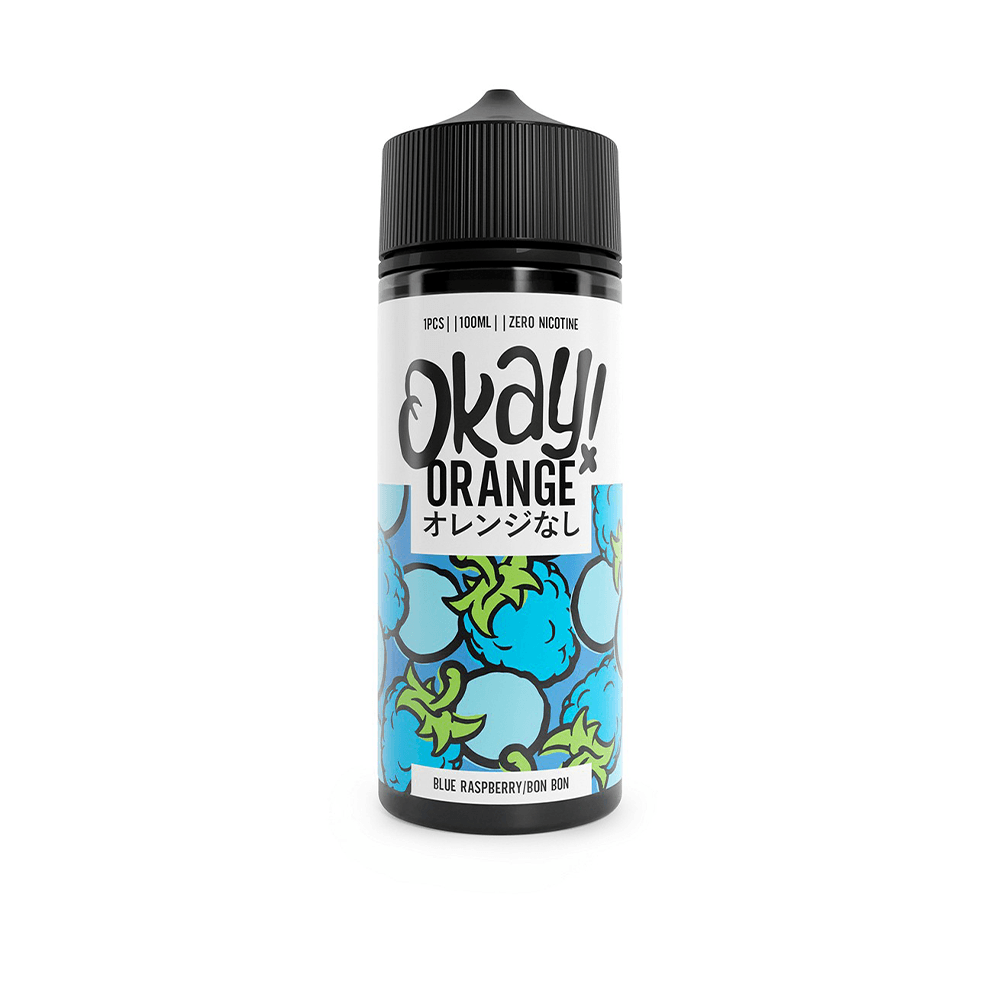 Okay Orange vape juice bottle with blue raspberry flavour design.