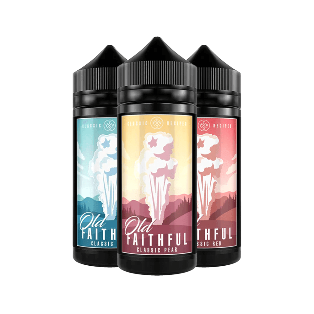 Three bottles of Old Faithful vape juice in different flavours with colourful labels.