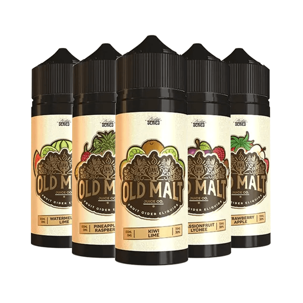 Five Old Malt Juice Co. e-liquid bottles with various fruit flavours displayed.