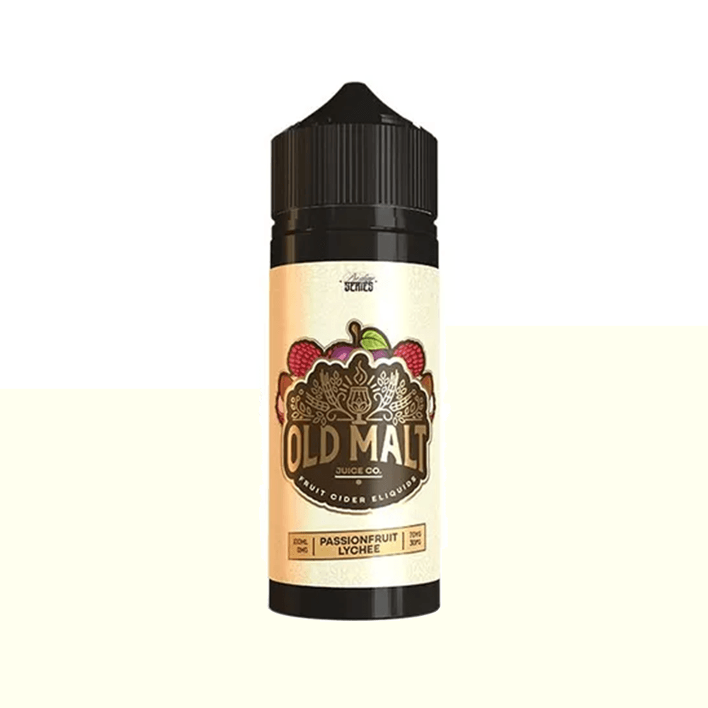 Old Malt Passionfruit Lychee 100ml Shortfill vape juice bottle with a black cap.