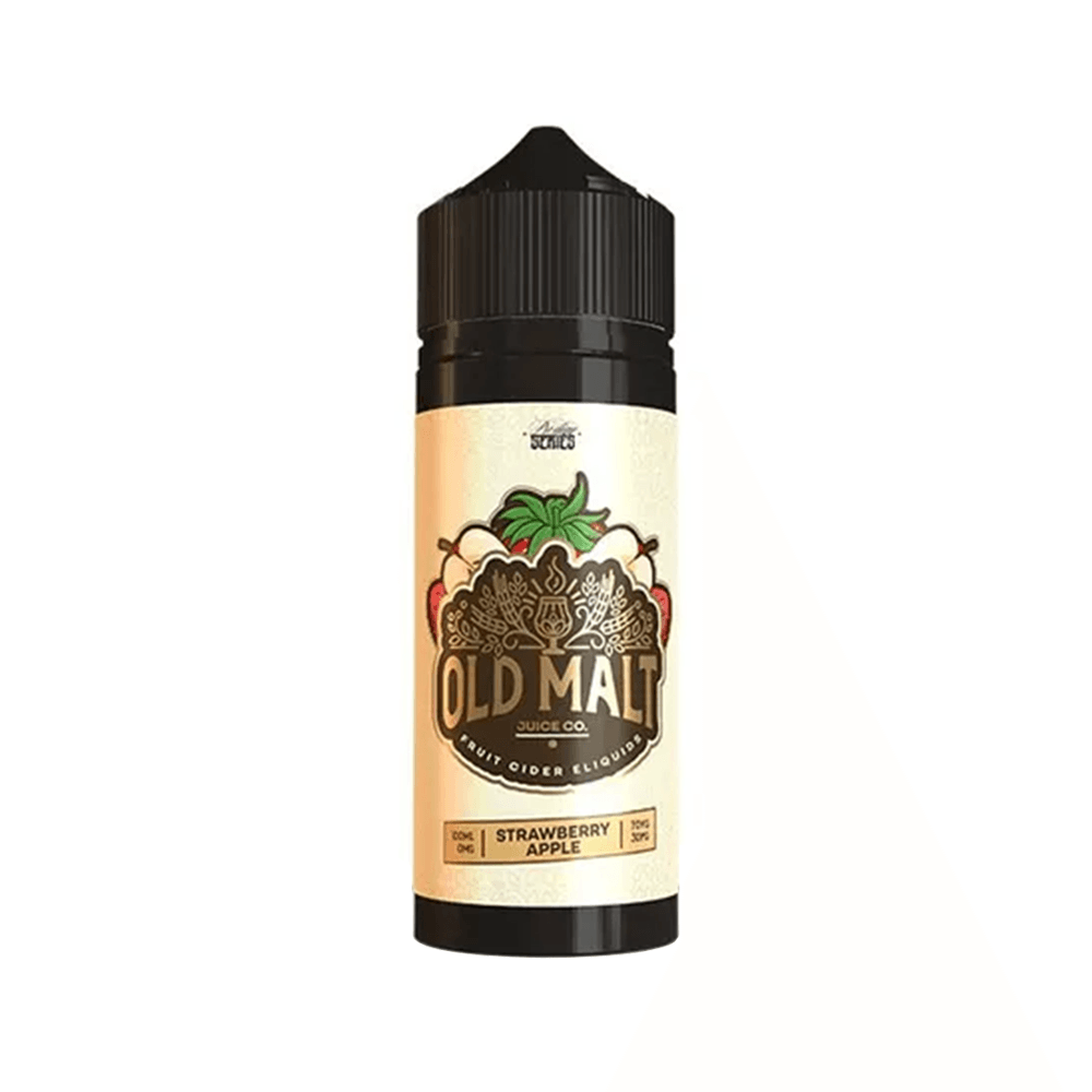 Old Malt Juice Co. e-liquid bottle, strawberry apple flavour, 100ml shortfill, black cap.