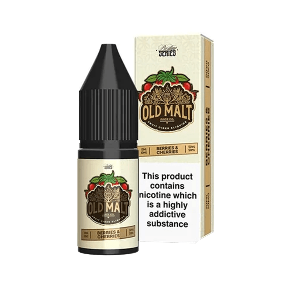 Old Malt Berries & Cherries 10ml vape juice bottle and box, warning label visible.