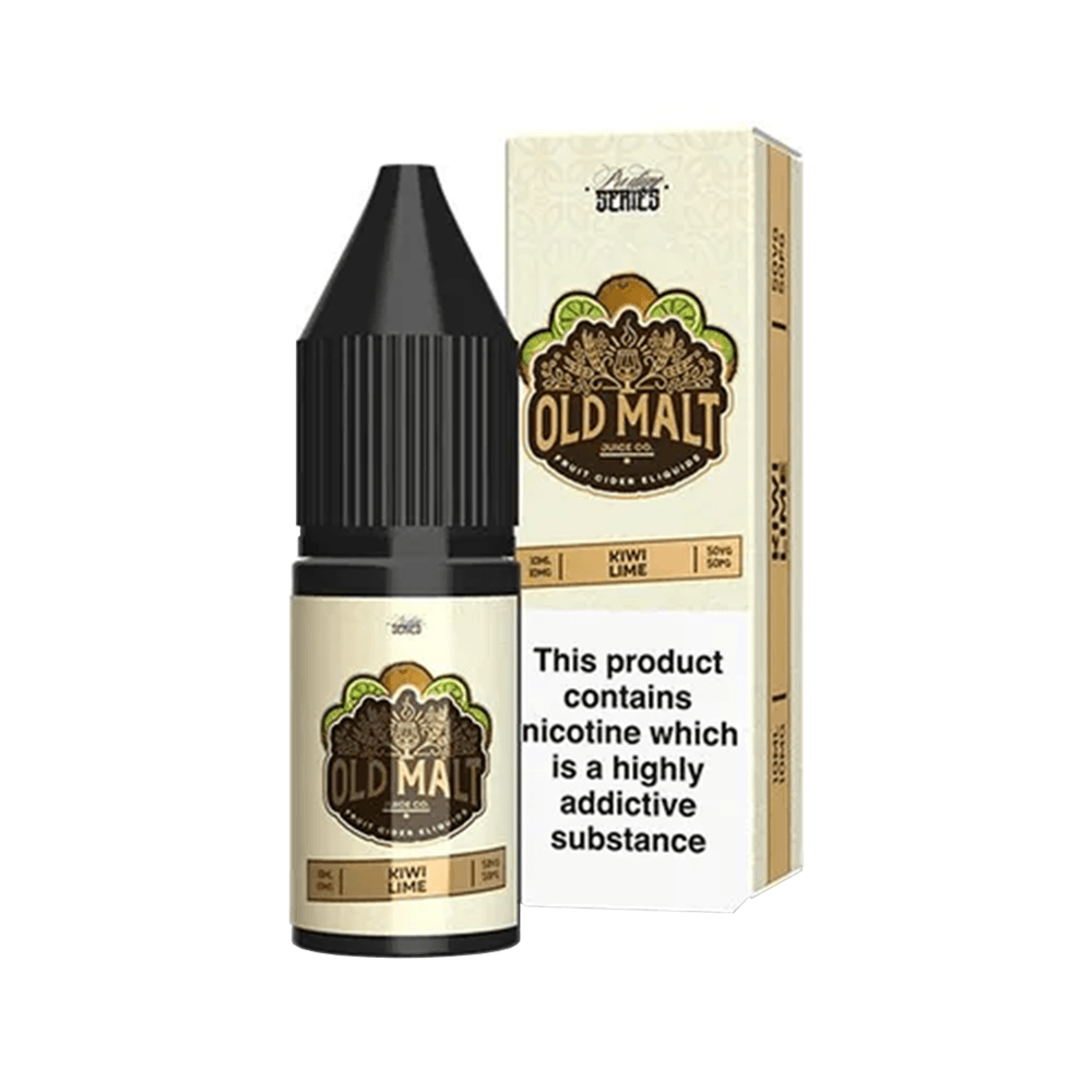 Old Malt Kiwi Lime 10ml vape juice bottle and box with nicotine warning.