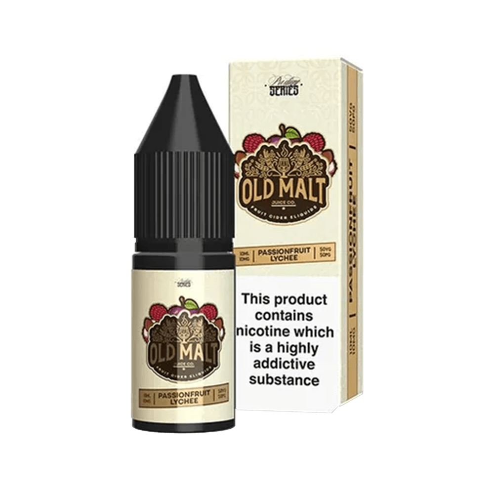 Old Malt Passionfruit Lychee 10ml e-liquid bottle and box with nicotine warning.